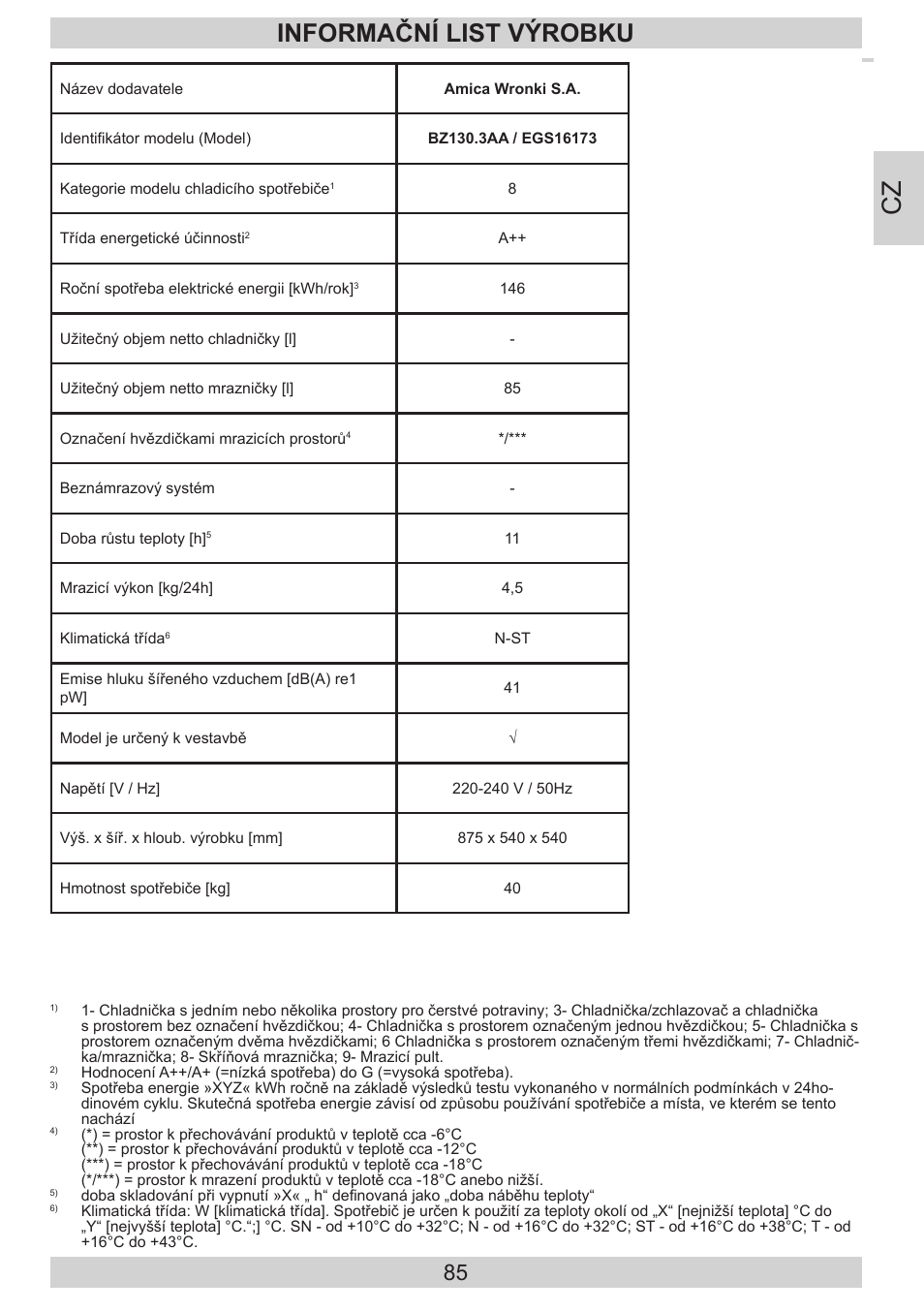 Informační list výrobku | AMICA EGS 16173 DE User Manual | Page 85 / 92