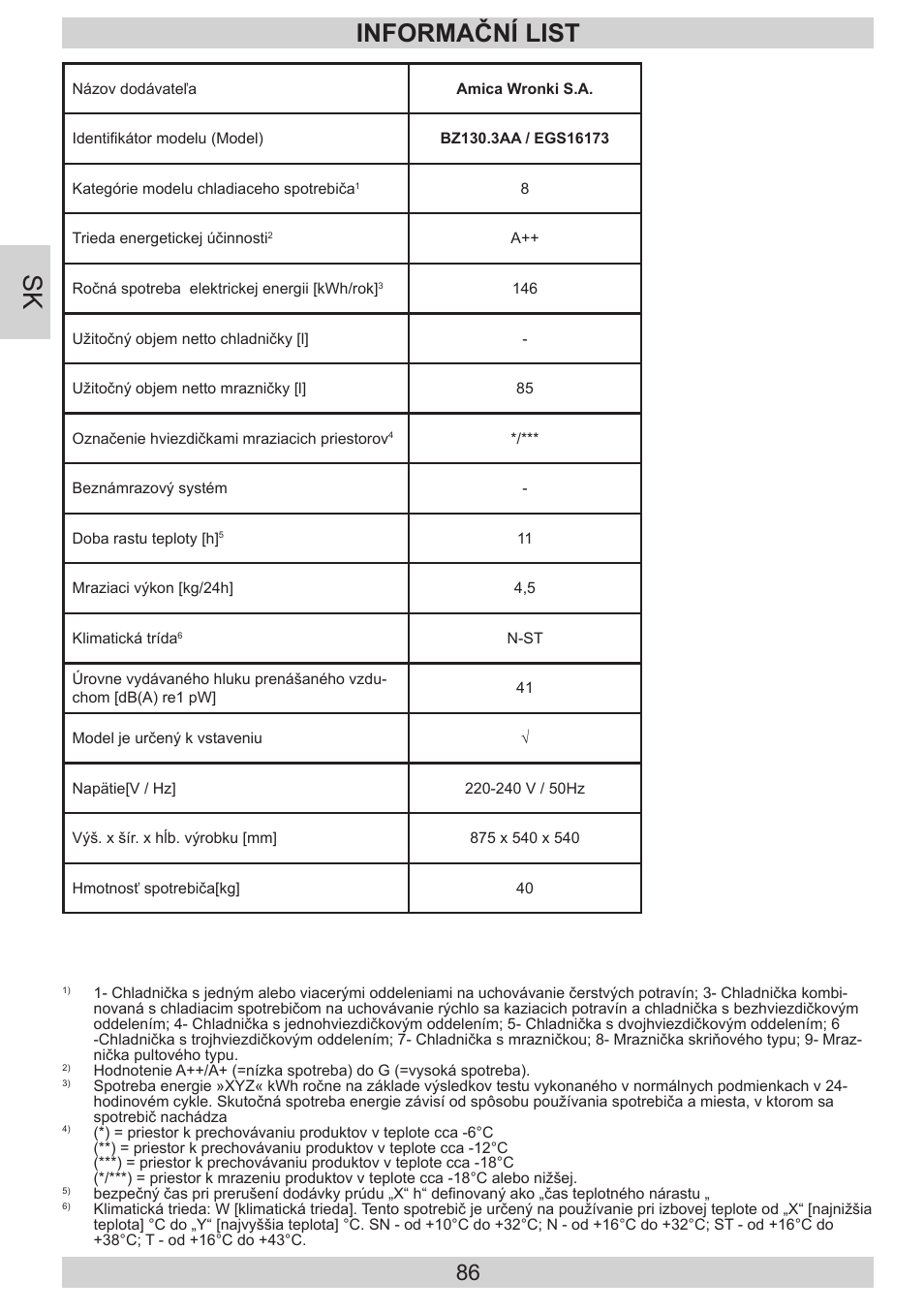 Informační list | AMICA EGS 16173 DE User Manual | Page 86 / 92