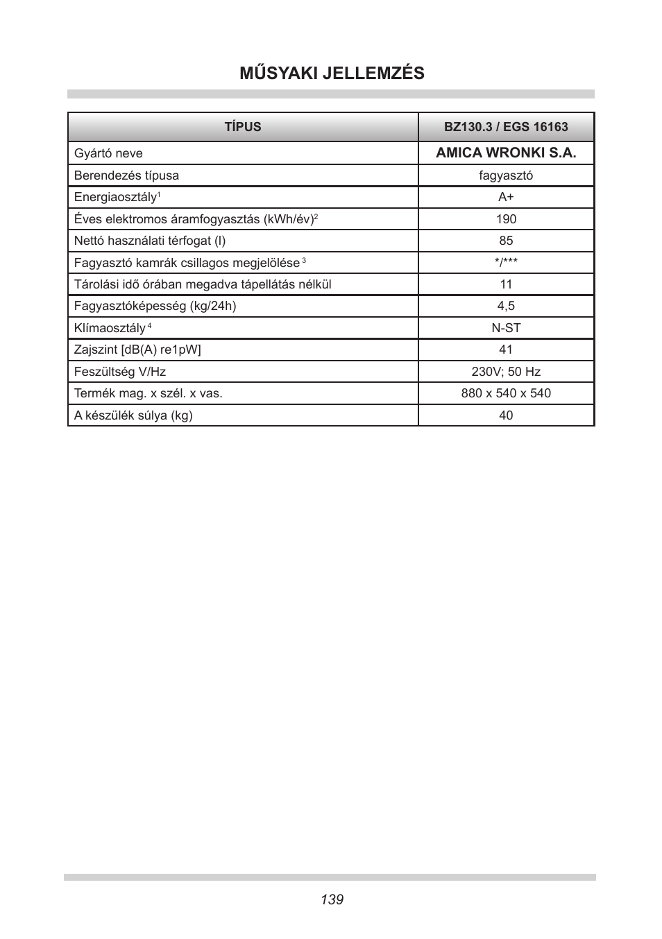 Műsyaki jellemzés | AMICA EGS 16163 DE User Manual | Page 139 / 164