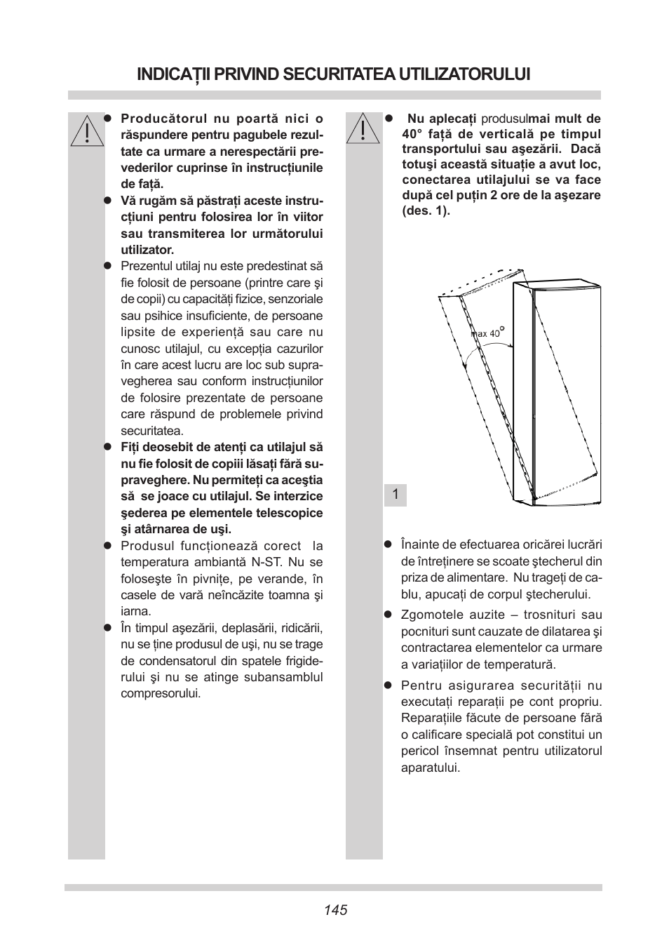 Indicaţii privind securitatea utilizatorului | AMICA EGS 16163 DE User Manual | Page 145 / 164