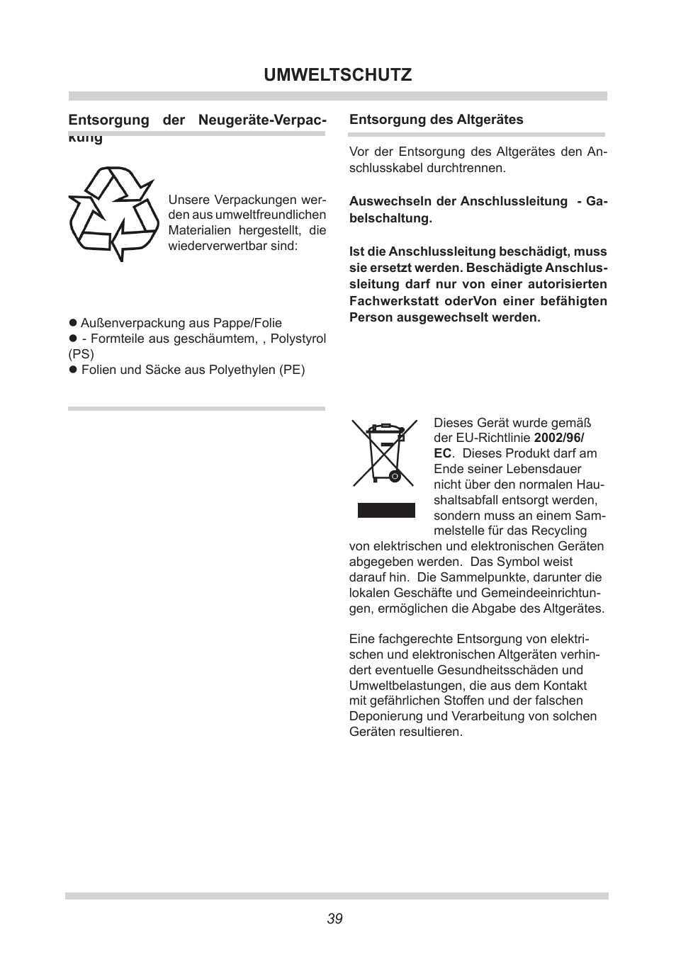 Umweltschutz | AMICA EGS 16163 DE User Manual | Page 39 / 164