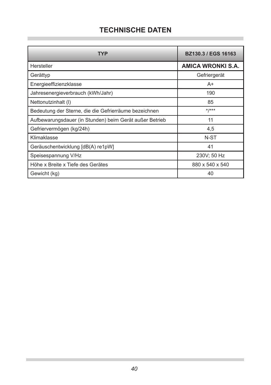 Technische daten | AMICA EGS 16163 DE User Manual | Page 40 / 164