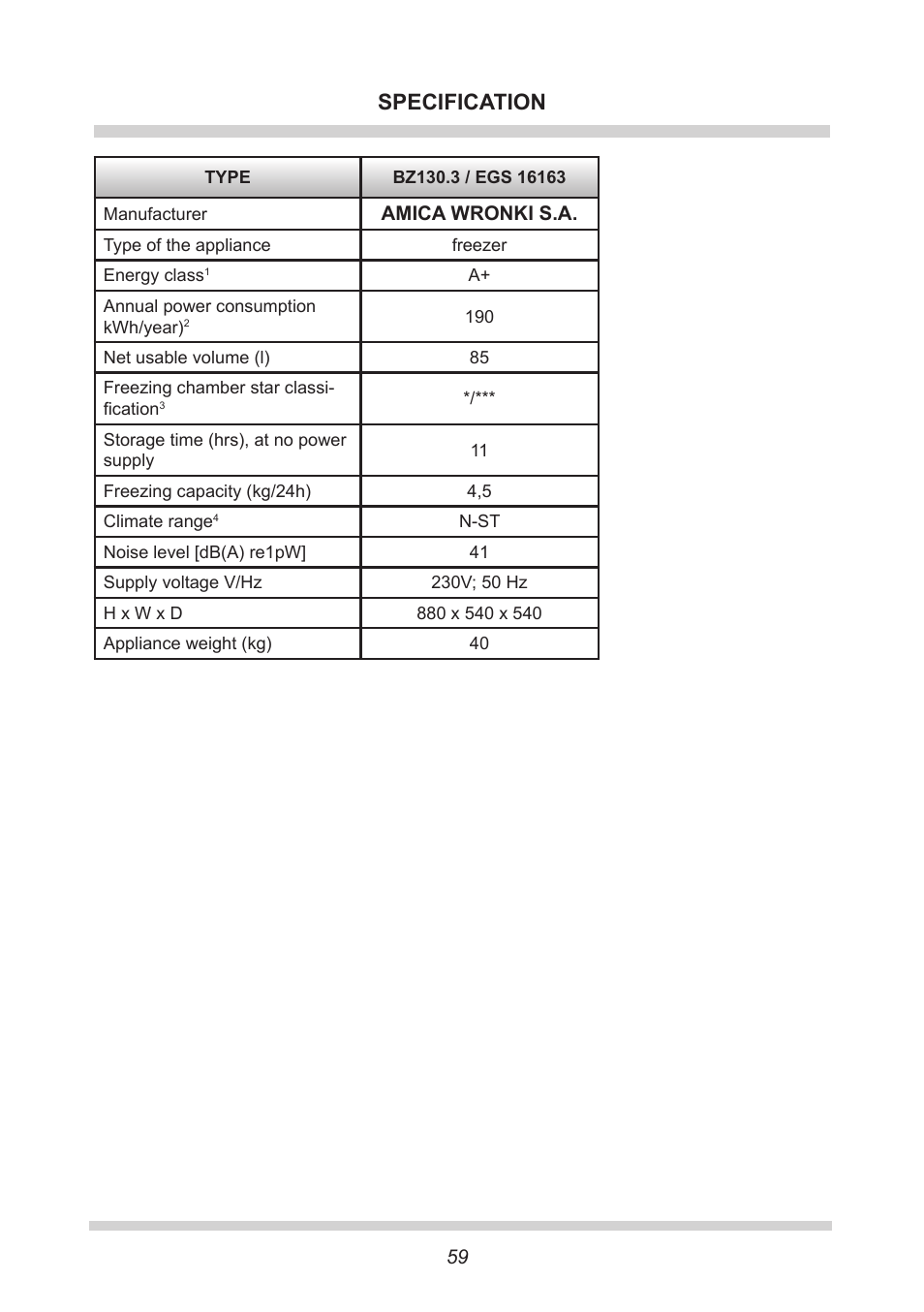 Specification | AMICA EGS 16163 DE User Manual | Page 59 / 164