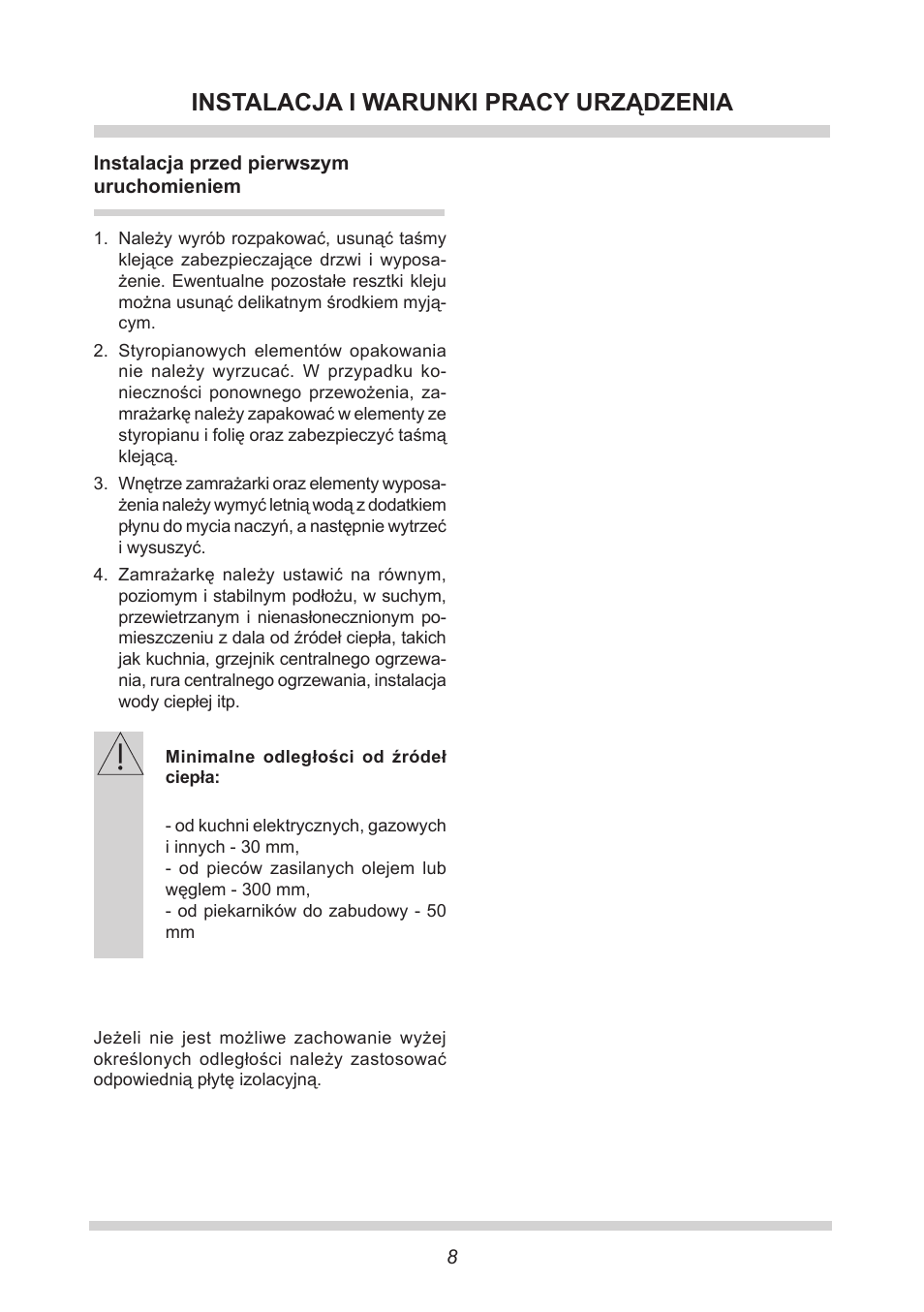 Instalacja i warunki pracy urządzenia | AMICA EGS 16163 DE User Manual | Page 8 / 164