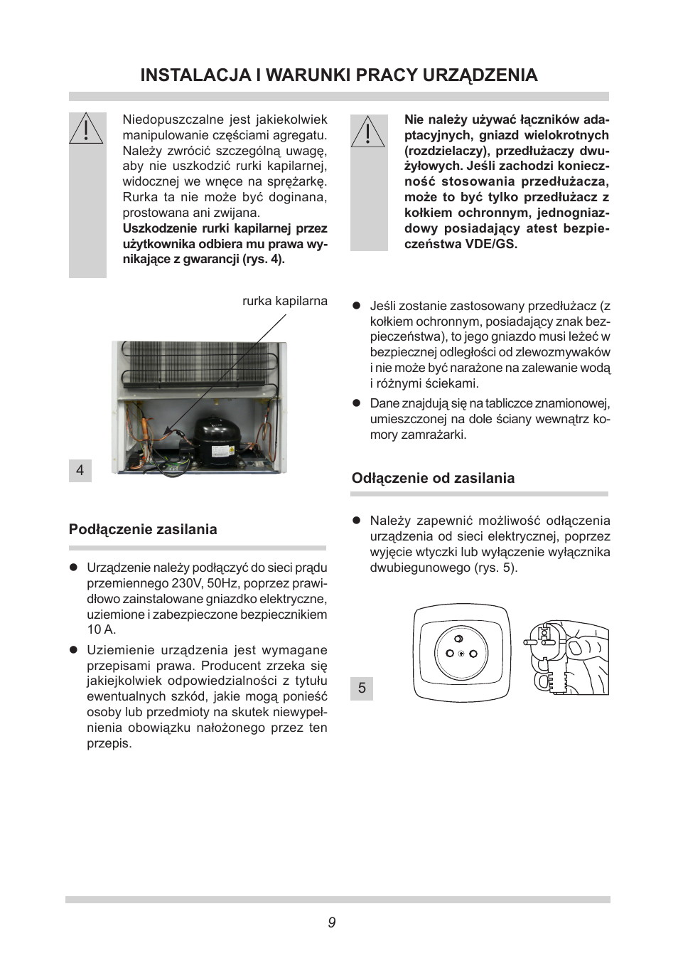 Instalacja i warunki pracy urządzenia | AMICA EGS 16163 DE User Manual | Page 9 / 164