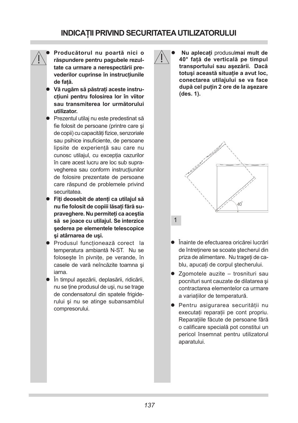 Indicaţii privind securitatea utilizatorului | AMICA GB 15341 W DE User Manual | Page 137 / 190