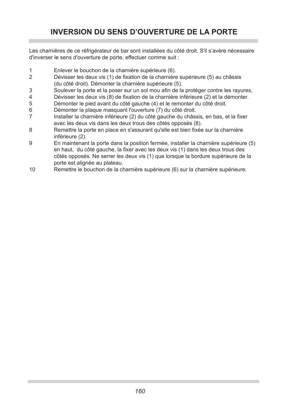 Inversion du sens d’ouverture de la porte | AMICA GB 15341 W DE User Manual | Page 160 / 190