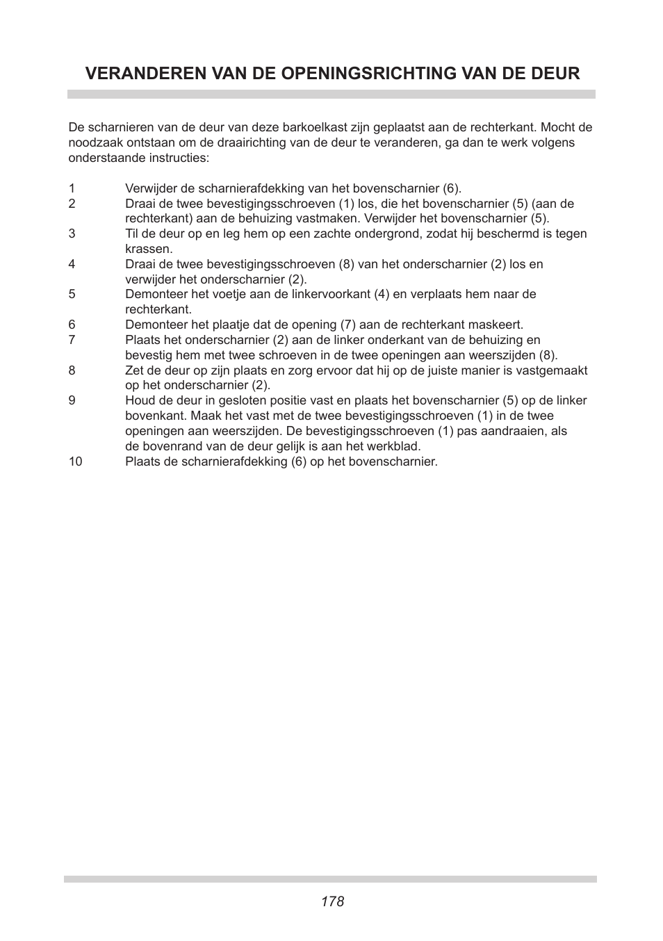 Veranderen van de openingsrichting van de deur | AMICA GB 15341 W DE User Manual | Page 178 / 190