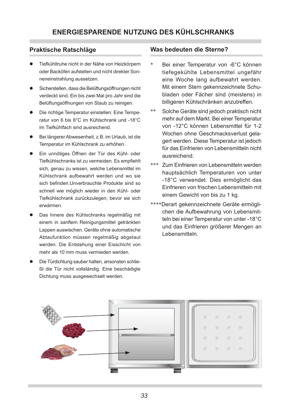 Energiesparende nutzung des kühlschranks, Praktische ratschläge, Was bedeuten die sterne | AMICA GB 15341 W DE User Manual | Page 33 / 190