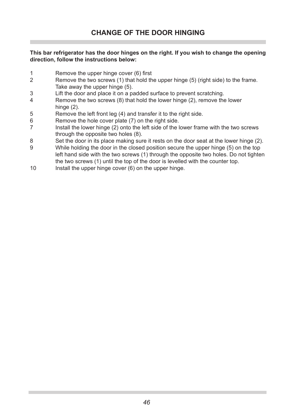 Change of the door hinging | AMICA GB 15341 W DE User Manual | Page 46 / 190