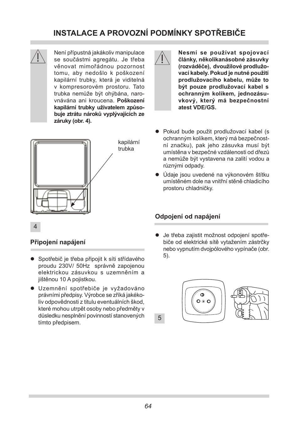 Instalace a provozní podmínky spotřebiče | AMICA GB 15341 W DE User Manual | Page 64 / 190