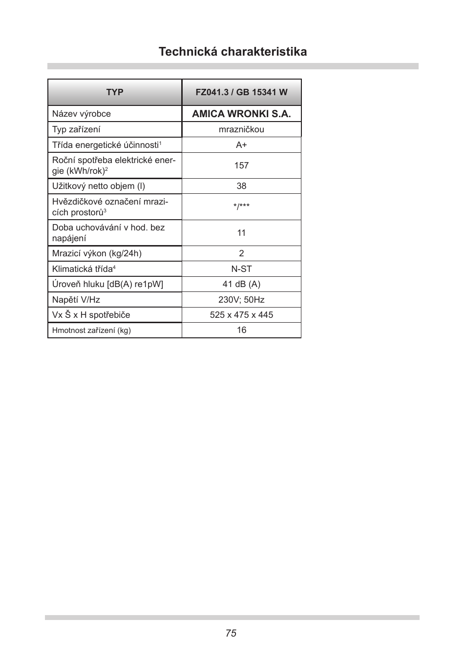 Technická charakteristika | AMICA GB 15341 W DE User Manual | Page 75 / 190