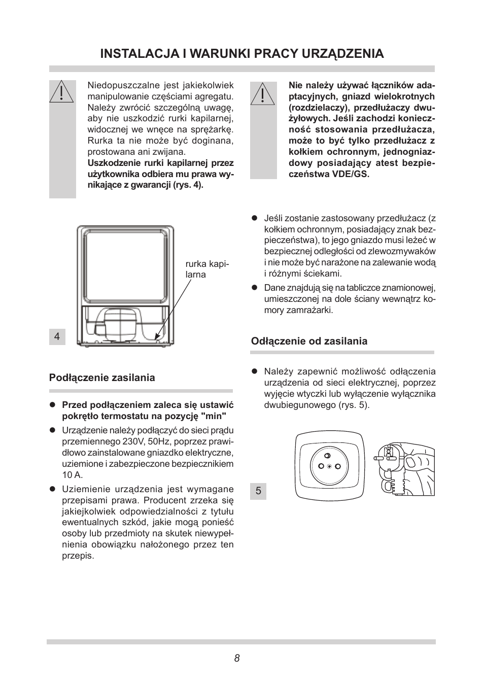 Instalacja i warunki pracy urządzenia | AMICA GB 15341 W DE User Manual | Page 8 / 190