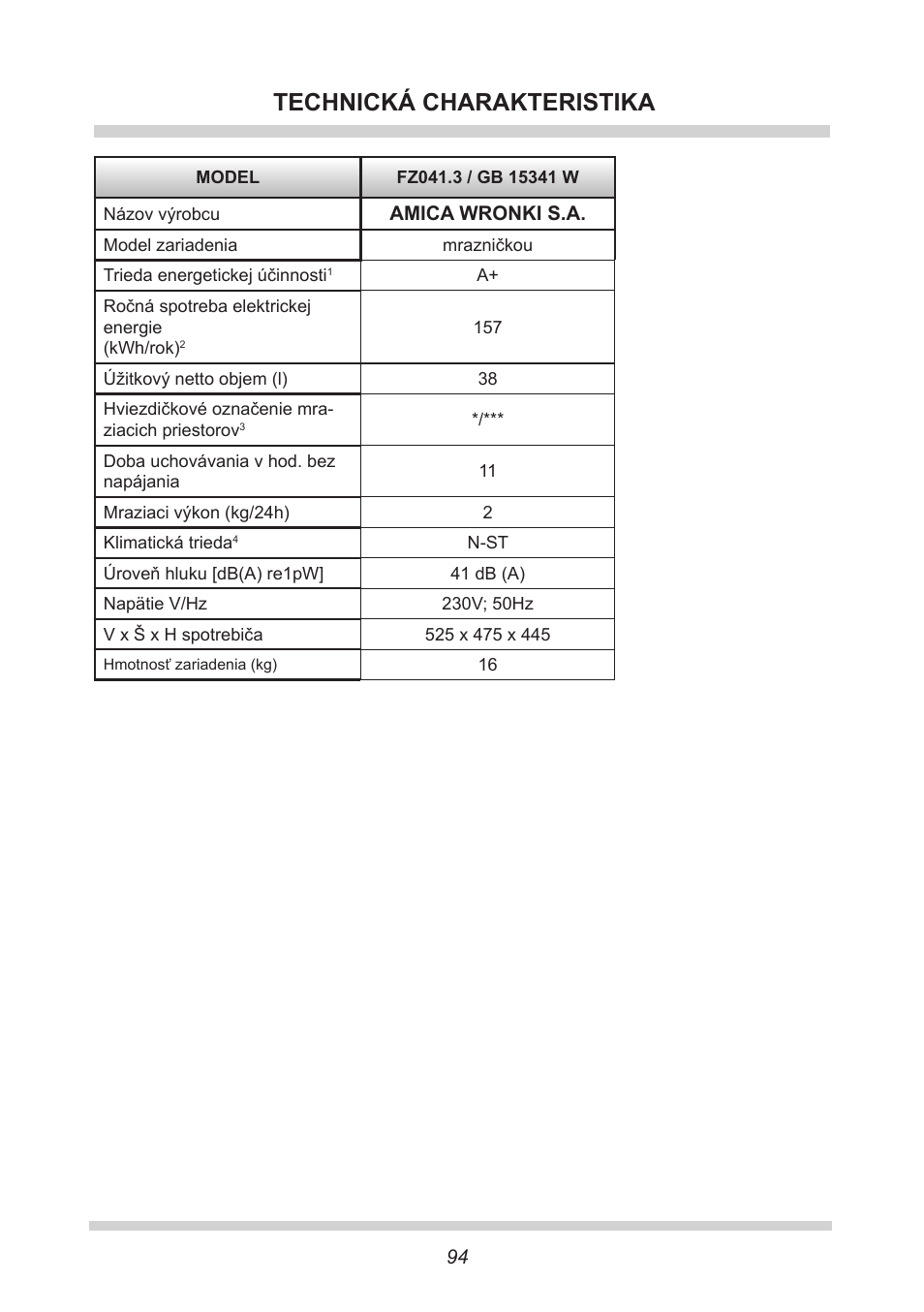 Technická charakteristika | AMICA GB 15341 W DE User Manual | Page 94 / 190