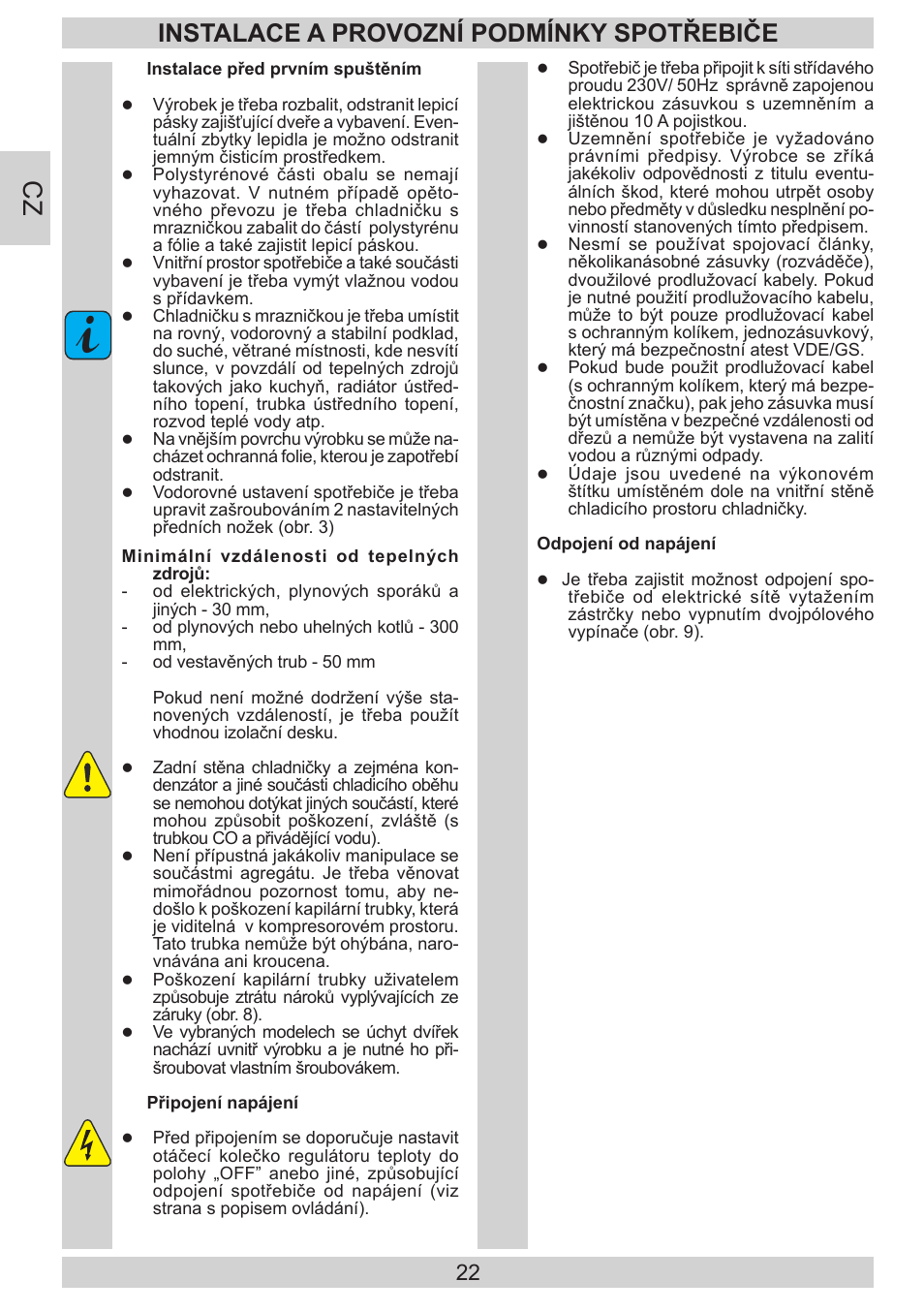 Instalace a provozní podmínky spotřebiče | AMICA EKGC 16187 DE User Manual | Page 22 / 84