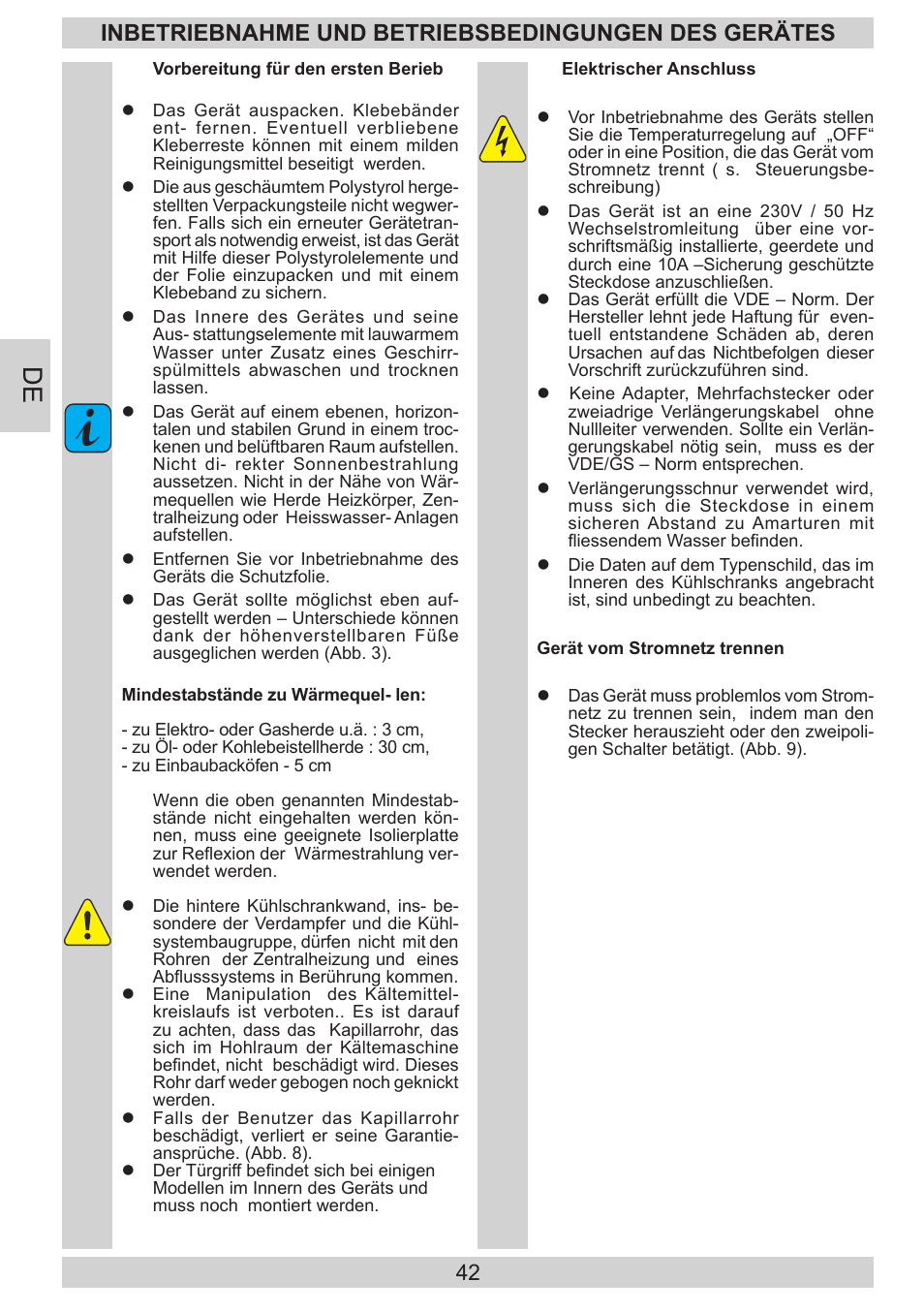 Inbetriebnahme und betriebsbedingungen des gerätes | AMICA EKGC 16187 DE User Manual | Page 42 / 84