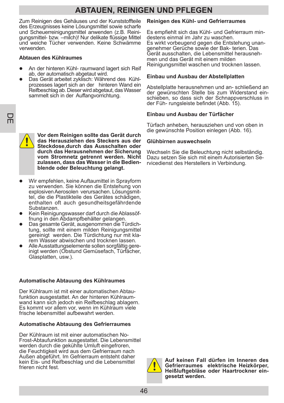 Abtauen, reinigen und pflegen | AMICA EKGC 16187 DE User Manual | Page 46 / 84