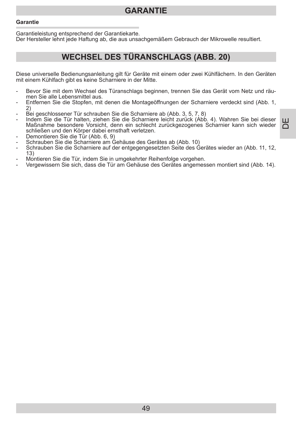 Garantie, Wechsel des türanschlags (abb. 20) | AMICA EKGC 16187 DE User Manual | Page 49 / 84