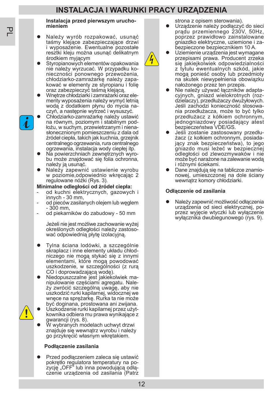 Instalacja i warunki pracy urządzenia | AMICA EKGC 16186 DE User Manual | Page 12 / 92