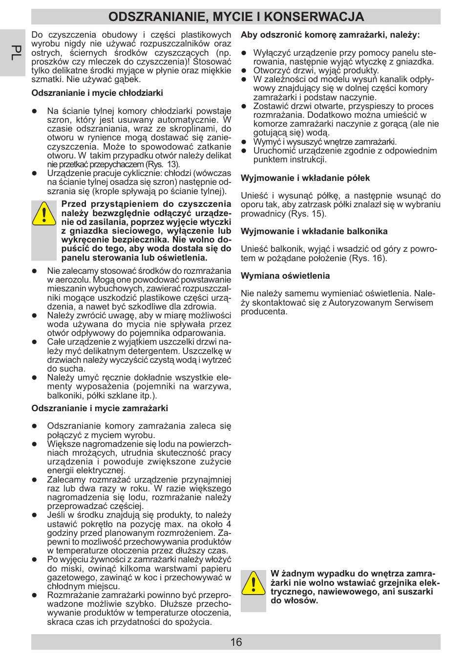 Odszranianie, mycie i konserwacja | AMICA EKGC 16186 DE User Manual | Page 16 / 92