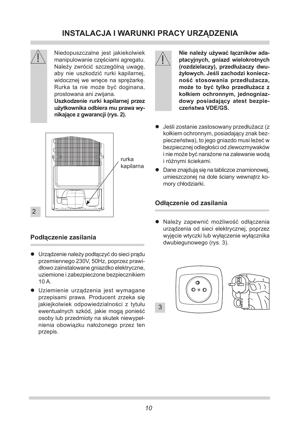 Instalacja i warunki pracy urządzenia | AMICA EKGC 16167 DE User Manual | Page 10 / 172