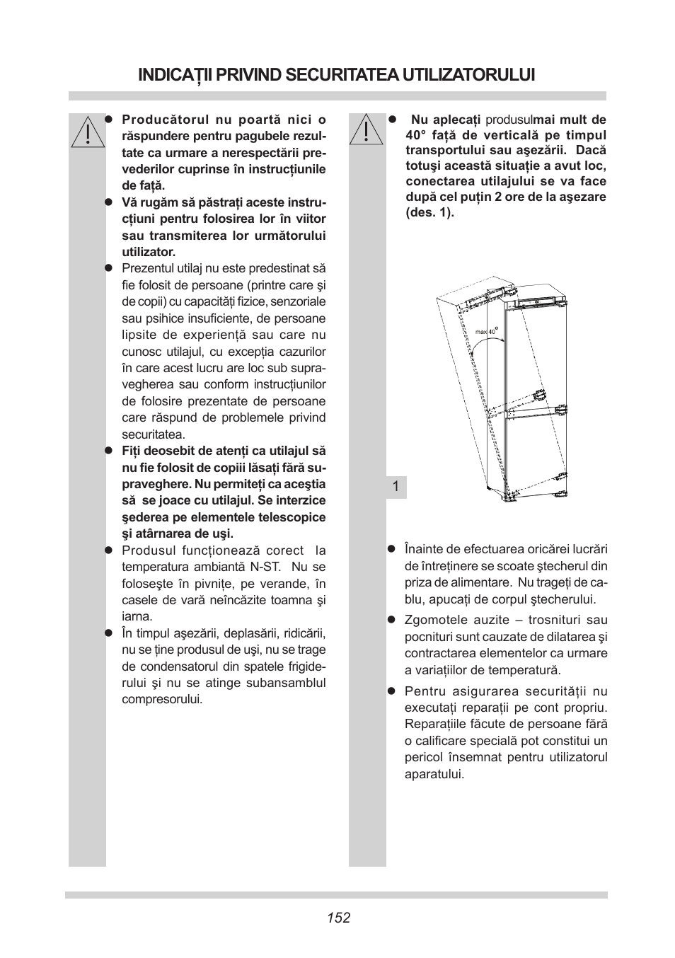 Indicaţii privind securitatea utilizatorului | AMICA EKGC 16167 DE User Manual | Page 152 / 172