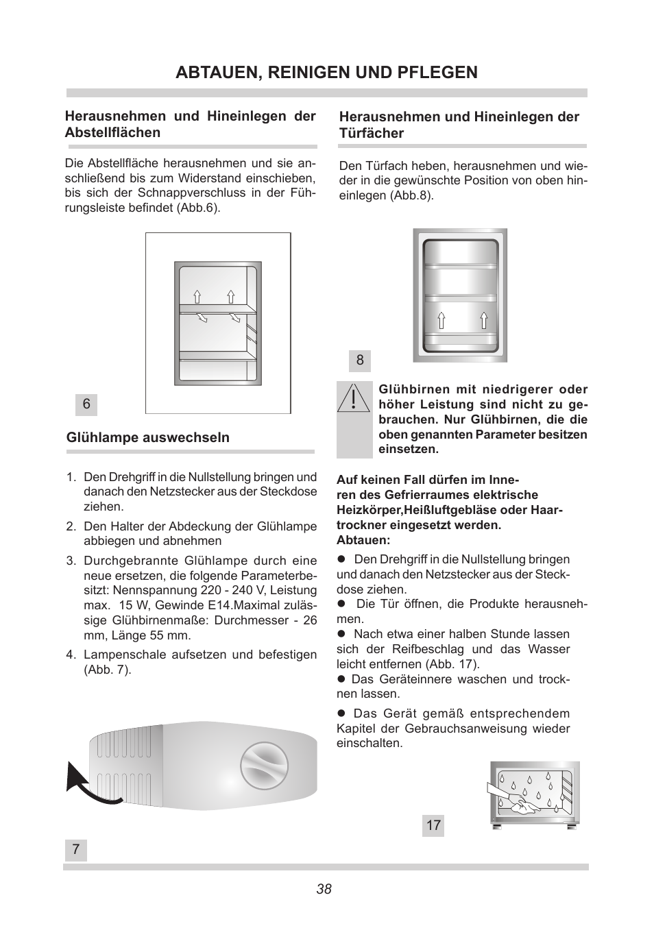 Abtauen, reinigen und pflegen | AMICA EKGC 16166 DE User Manual | Page 38 / 172