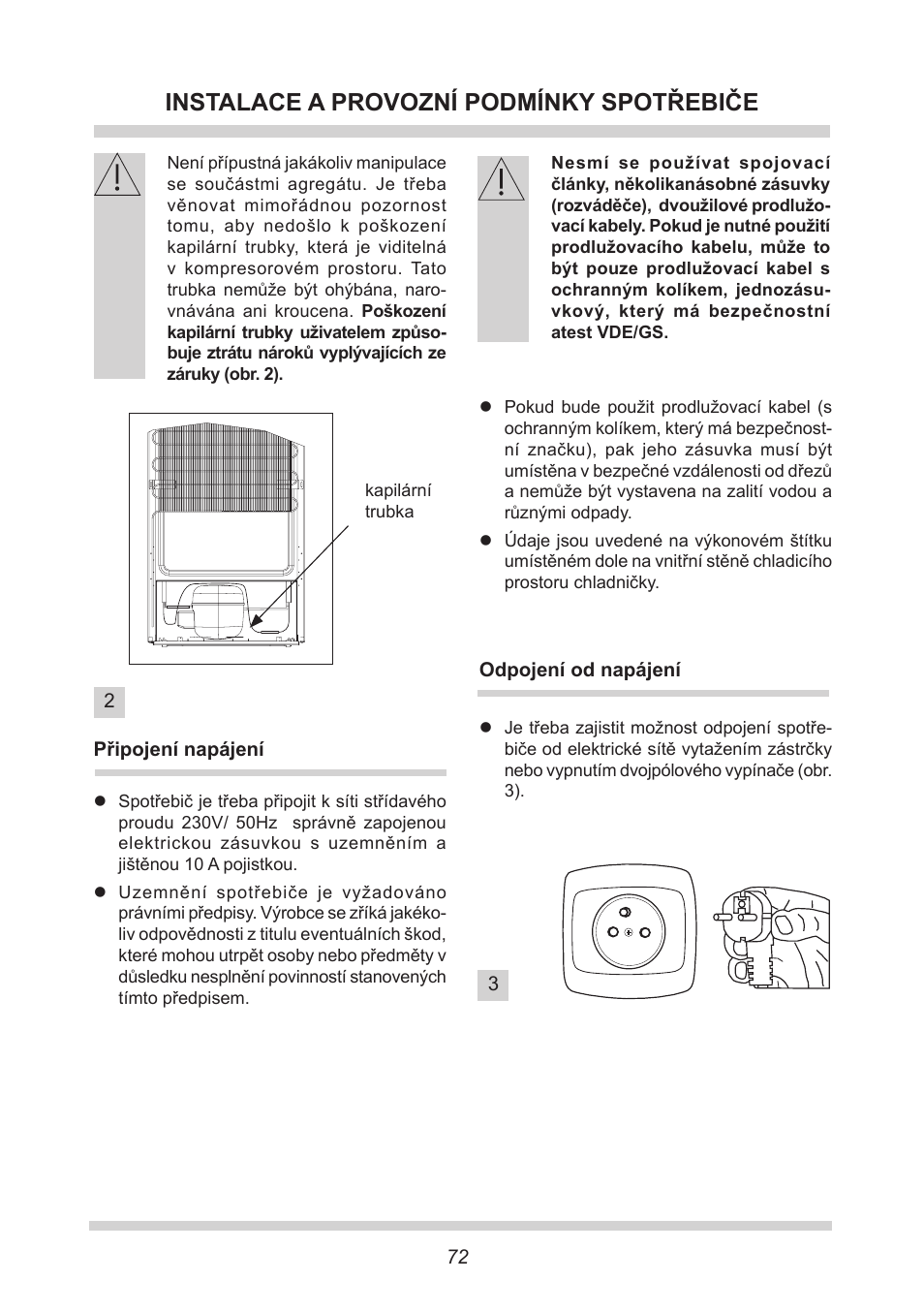 Instalace a provozní podmínky spotřebiče | AMICA EKGC 16166 DE User Manual | Page 72 / 172