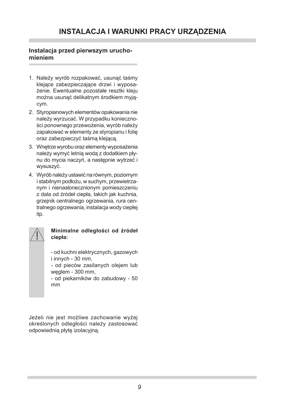 Instalacja i warunki pracy urządzenia | AMICA EKGC 16166 DE User Manual | Page 9 / 172