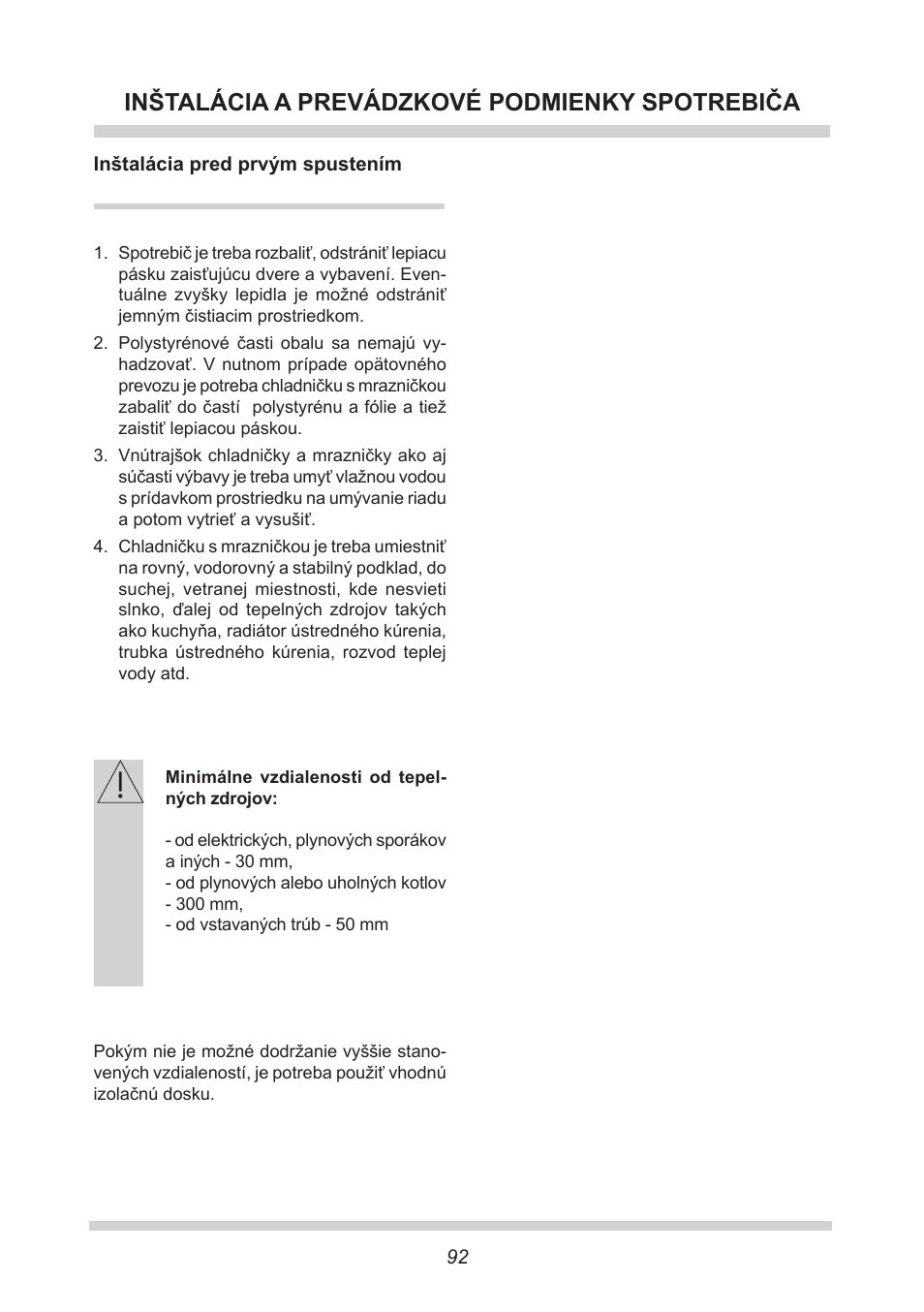 Inštalácia a prevádzkové podmienky spotrebiča | AMICA EKGC 16166 DE User Manual | Page 92 / 172