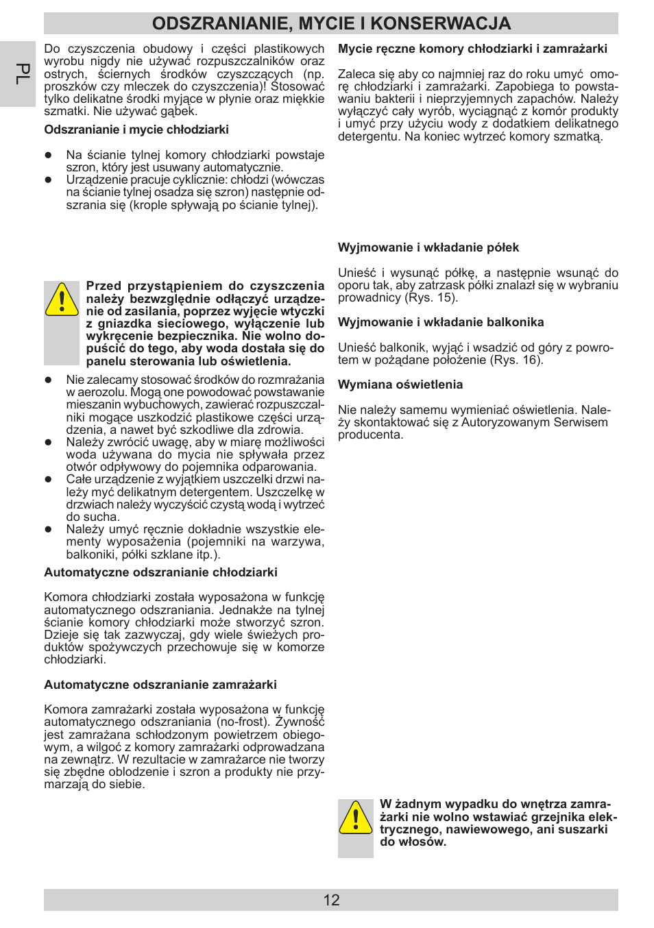 Odszranianie, mycie i konserwacja | AMICA KGC 15800 E DE User Manual | Page 12 / 80