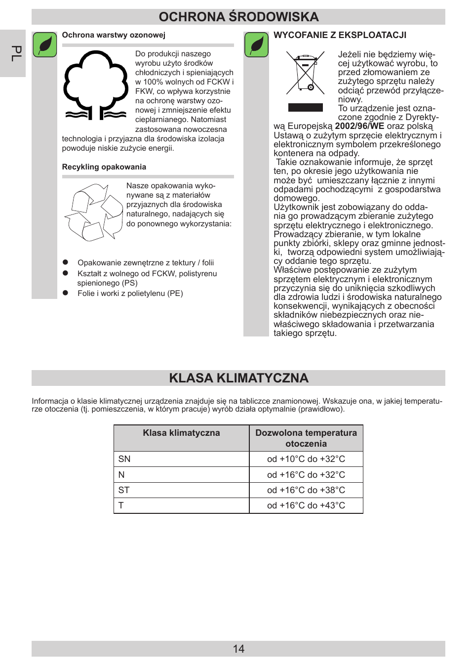 Ochrona środowiska, Klasa klimatyczna | AMICA KGC 15800 E DE User Manual | Page 14 / 80