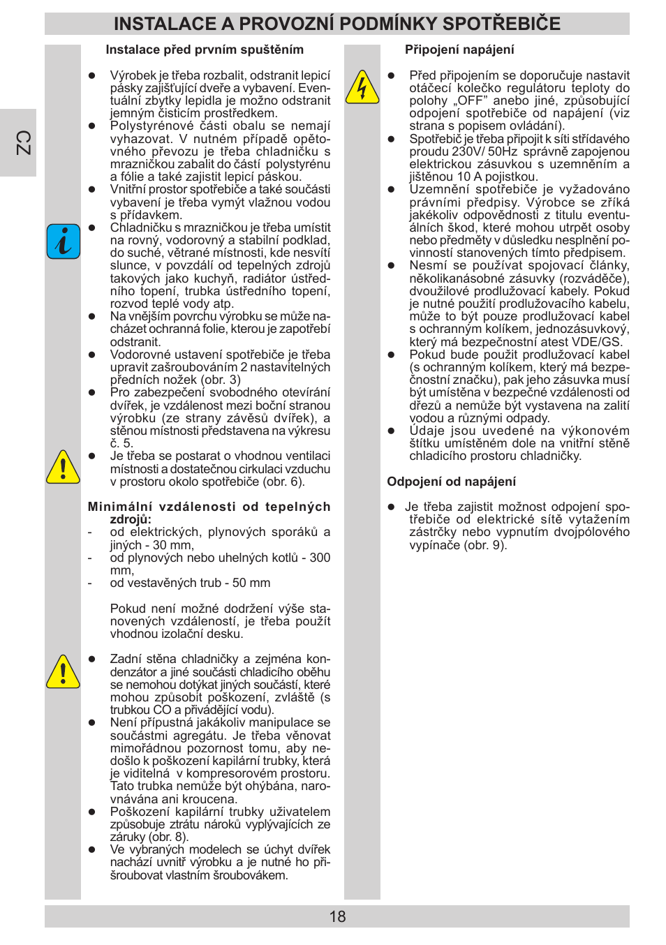 Instalace a provozní podmínky spotřebiče | AMICA KGC 15800 E DE User Manual | Page 18 / 80