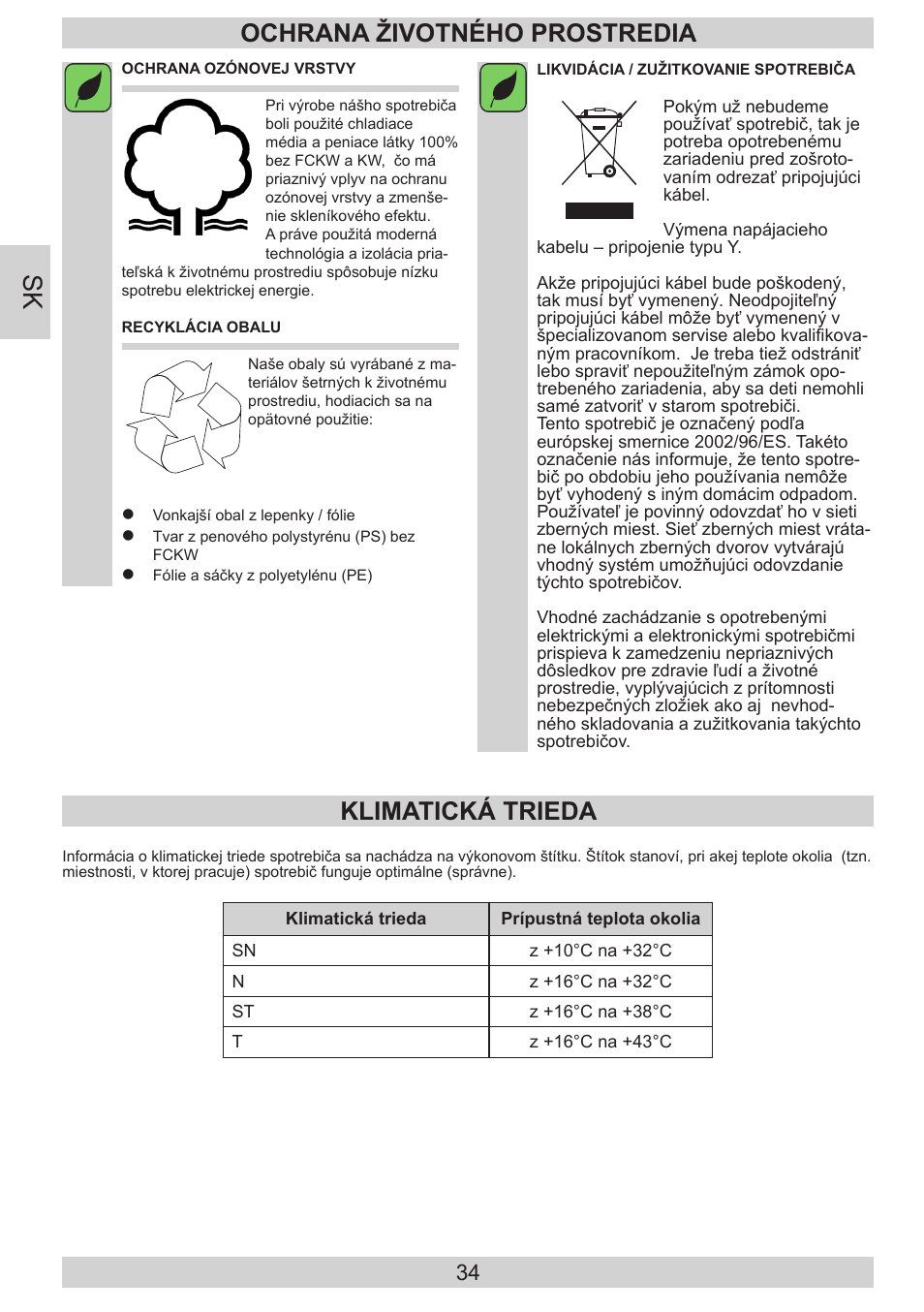 Ochrana životného prostredia, Klimatická trieda | AMICA KGC 15800 E DE User Manual | Page 34 / 80