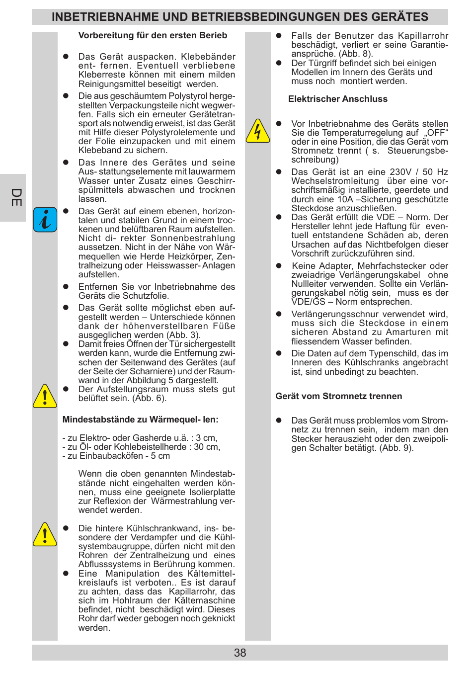 Inbetriebnahme und betriebsbedingungen des gerätes | AMICA KGC 15800 E DE User Manual | Page 38 / 80