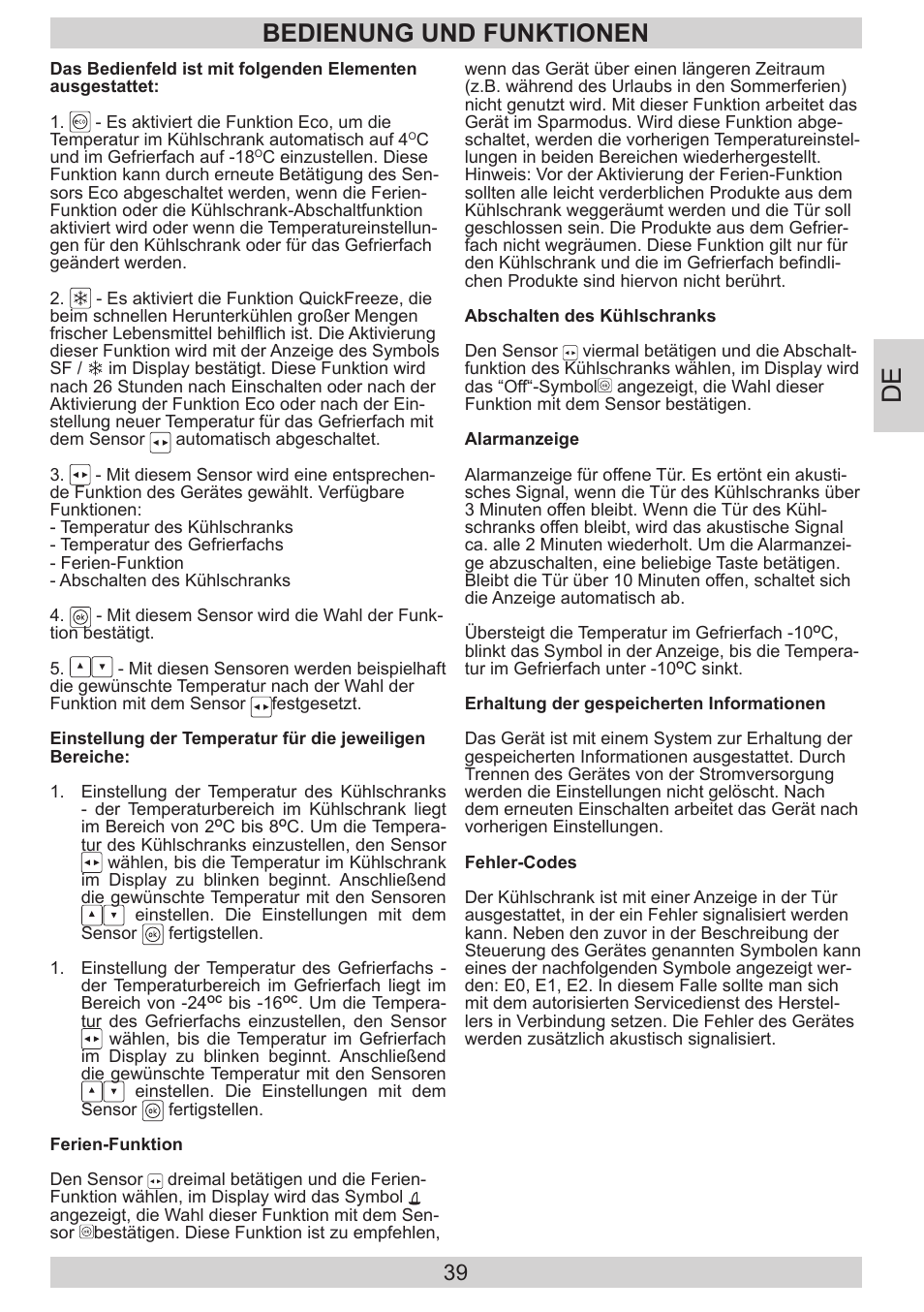 Bedienung und funktionen | AMICA KGC 15800 E DE User Manual | Page 39 / 80