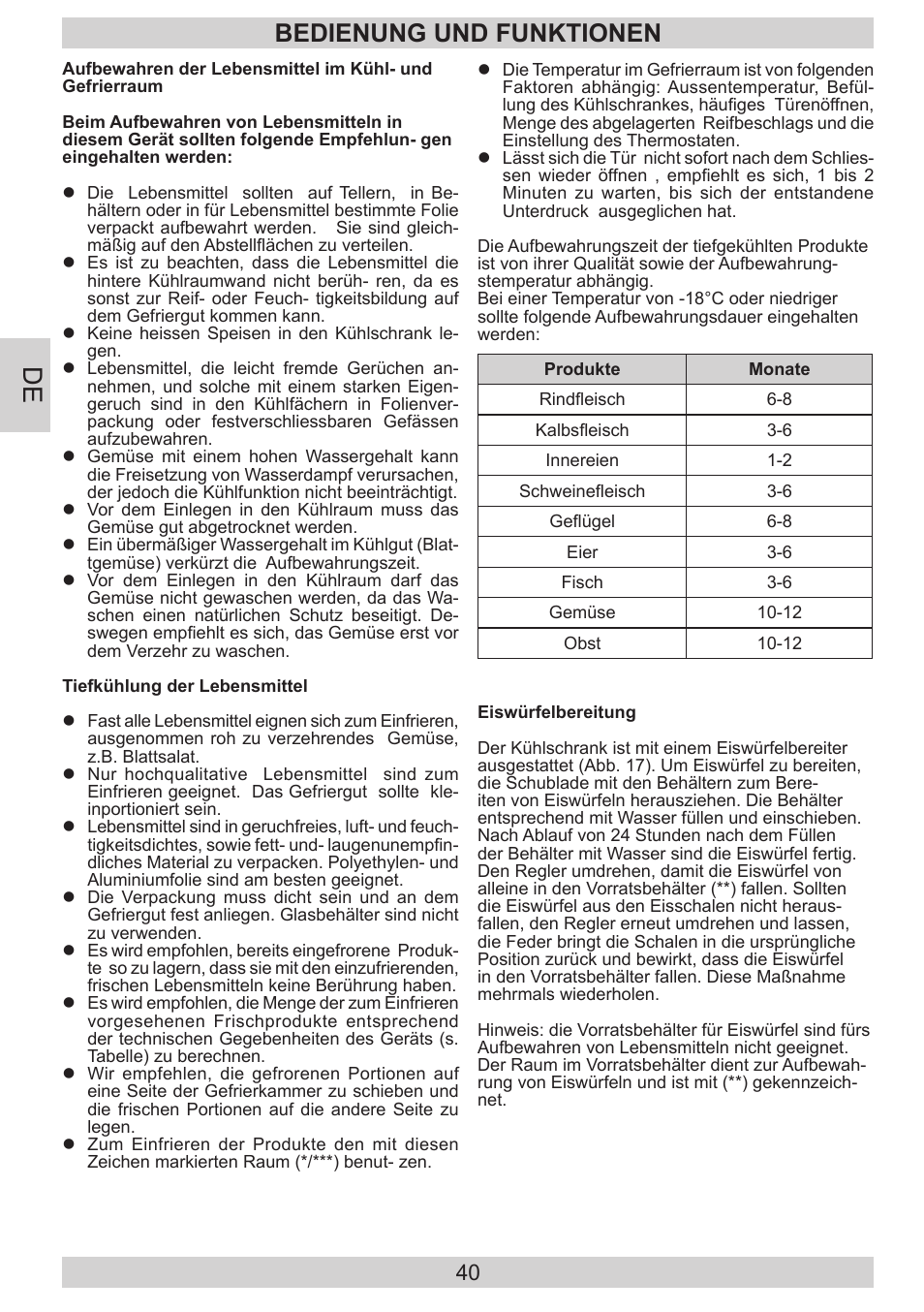 Bedienung und funktionen | AMICA KGC 15800 E DE User Manual | Page 40 / 80