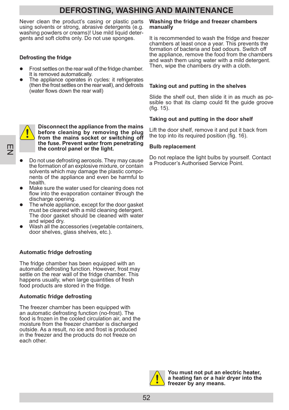 Defrosting, washing and maintenance | AMICA KGC 15800 E DE User Manual | Page 52 / 80