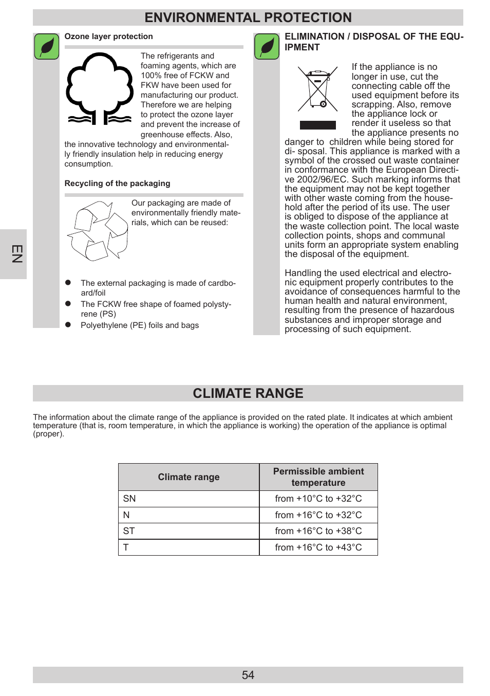 Environmental protection, Climate range | AMICA KGC 15800 E DE User Manual | Page 54 / 80