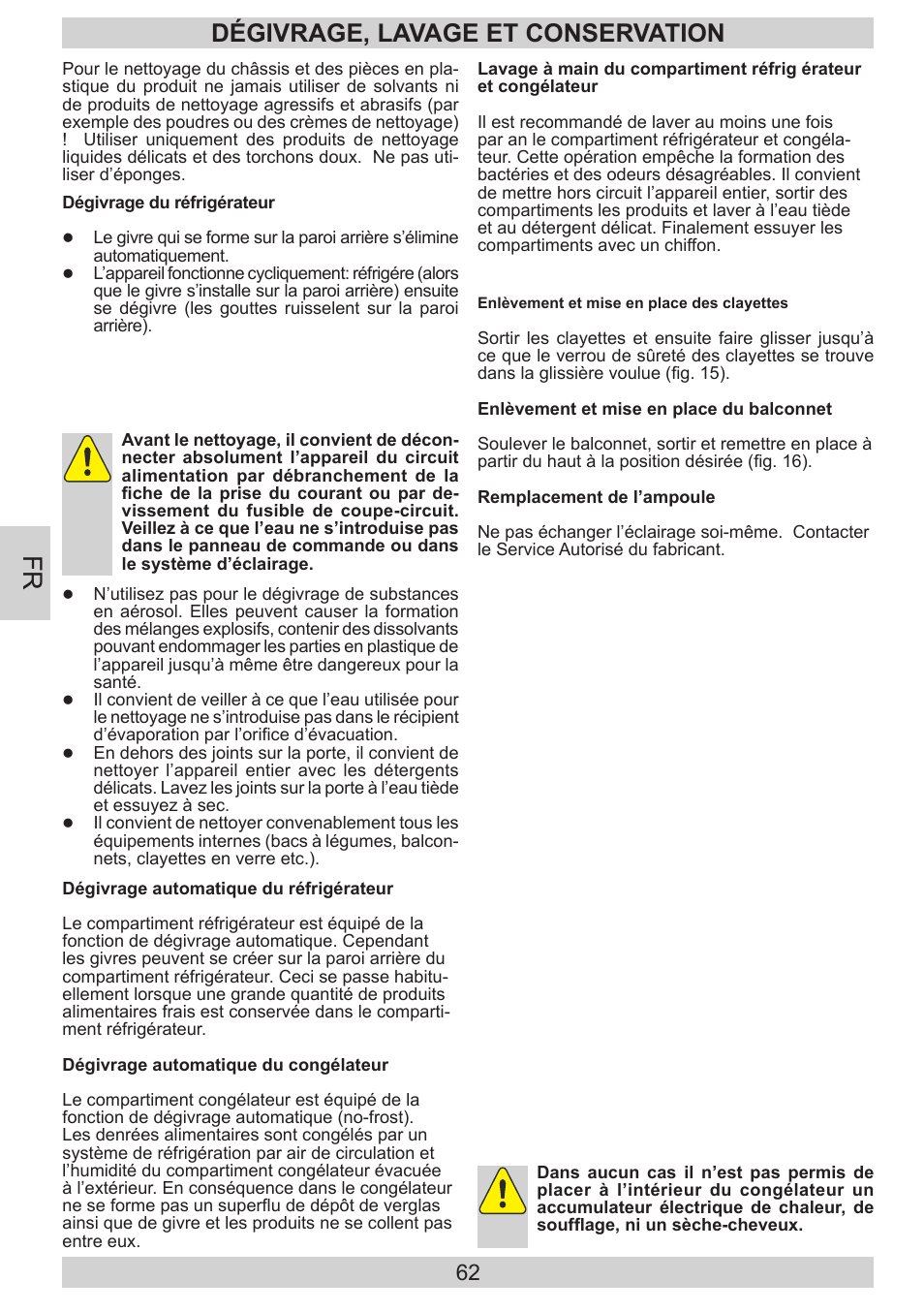 Dégivrage, lavage et conservation | AMICA KGC 15800 E DE User Manual | Page 62 / 80