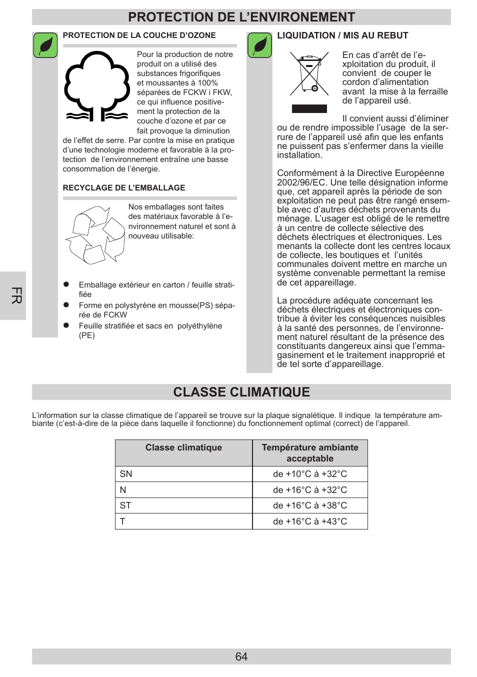 Protection de l’environement, Classe climatique | AMICA KGC 15800 E DE User Manual | Page 64 / 80