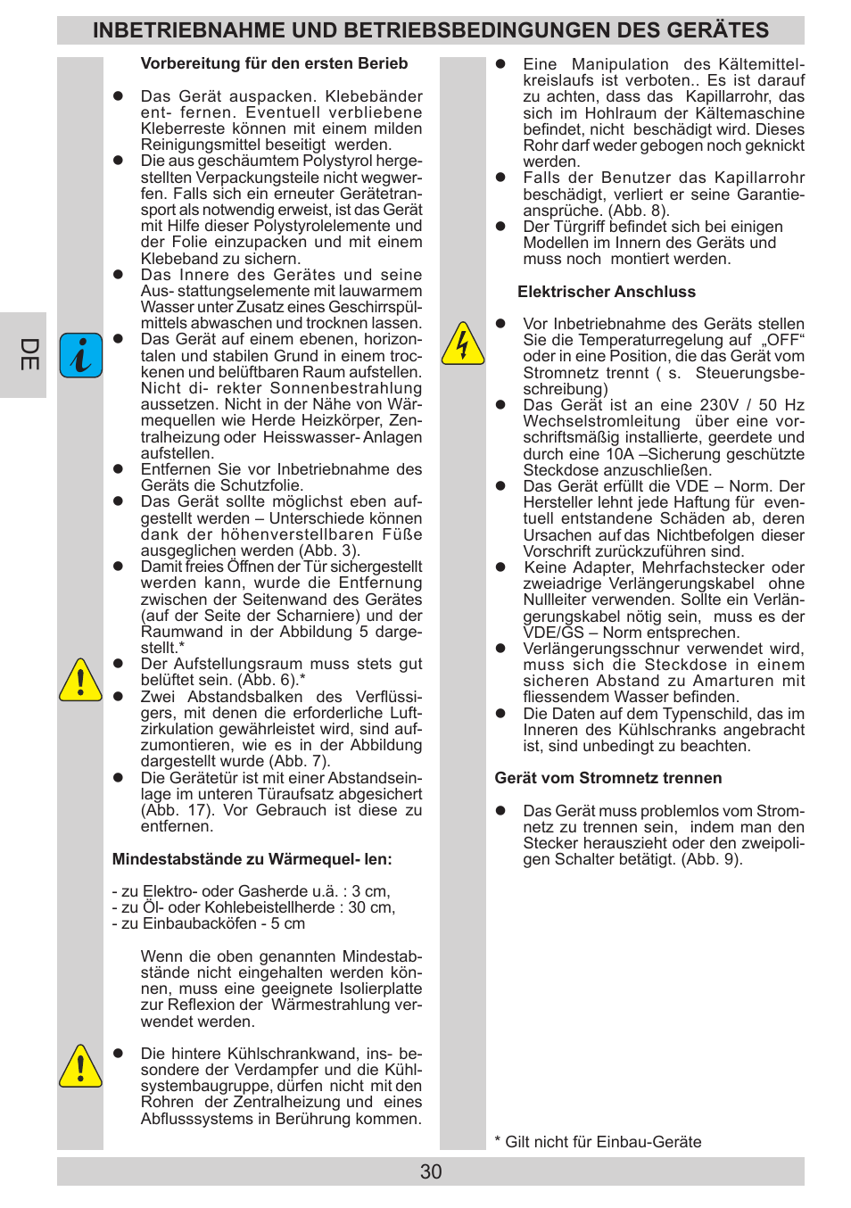 Inbetriebnahme und betriebsbedingungen des gerätes | AMICA KGC 15533 SG DE User Manual | Page 30 / 72