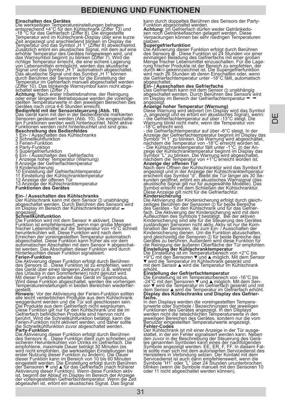 Bedienung und funktionen | AMICA KGC 15533 SG DE User Manual | Page 31 / 72