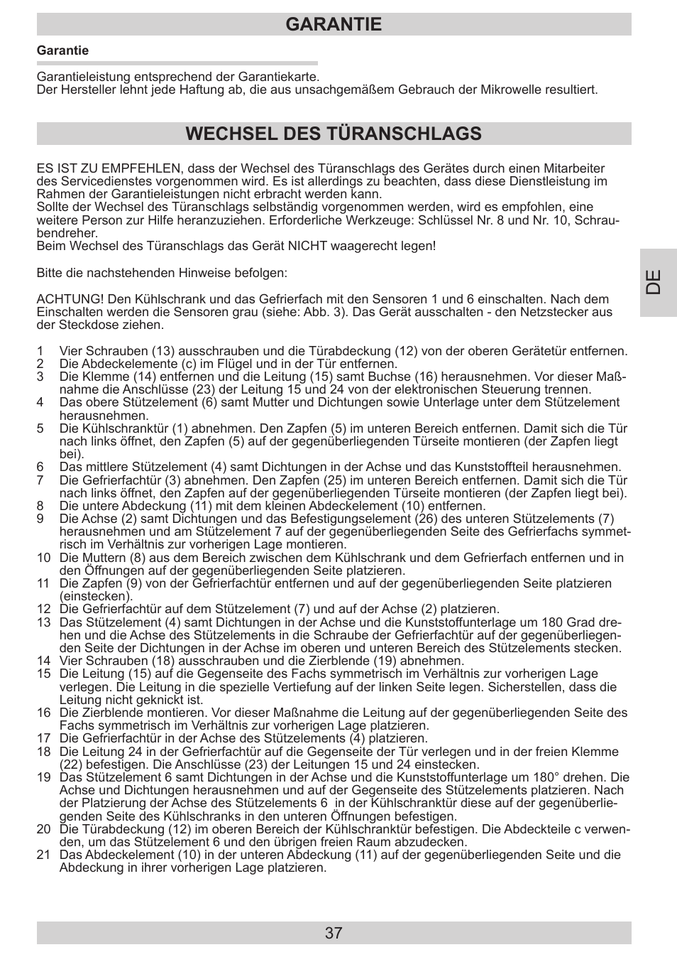 Garantie, Wechsel des türanschlags | AMICA KGC 15533 SG DE User Manual | Page 37 / 72