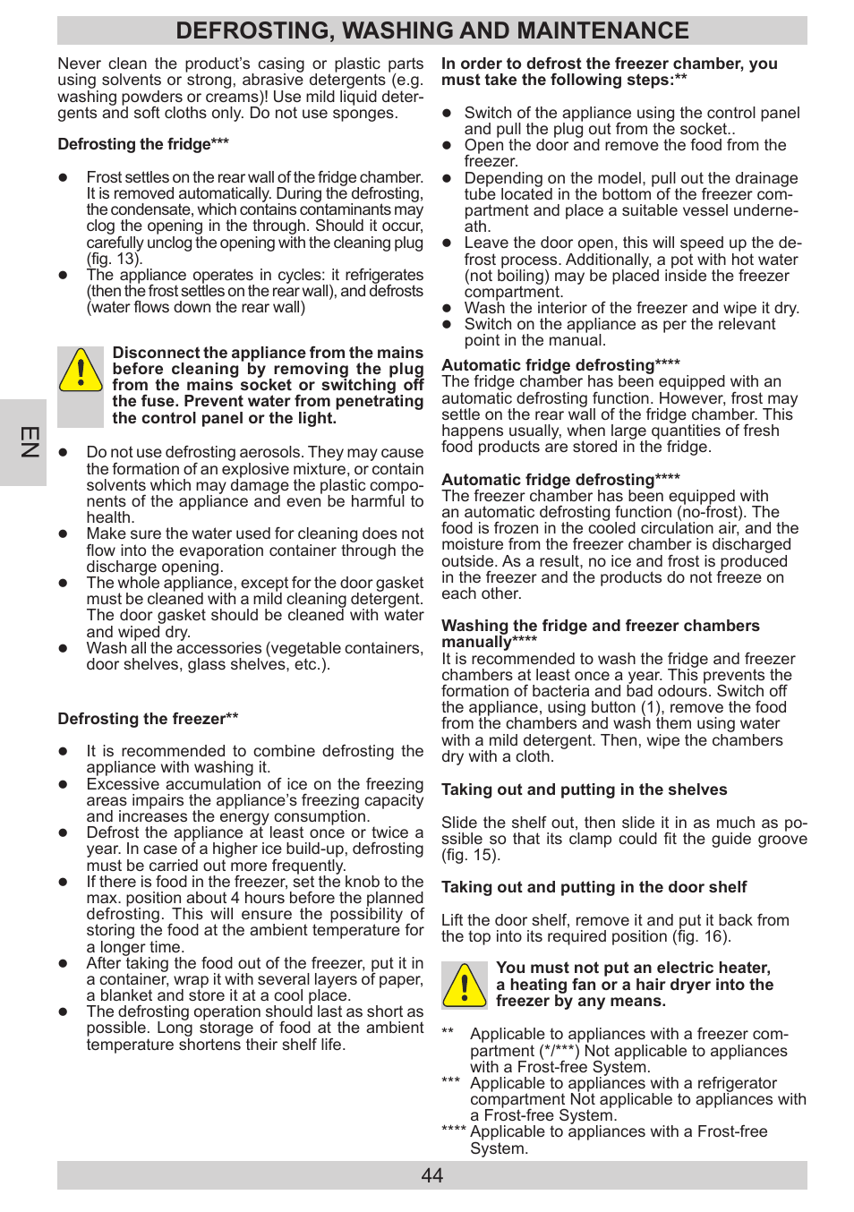 Defrosting, washing and maintenance | AMICA KGC 15533 SG DE User Manual | Page 44 / 72