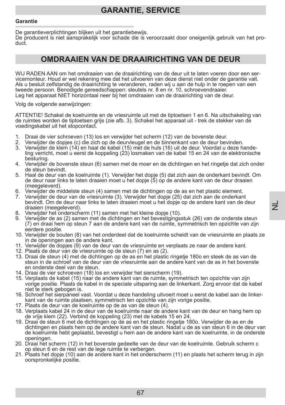 Garantie, service, Omdraaien van de draairichting van de deur | AMICA KGC 15533 SG DE User Manual | Page 67 / 72