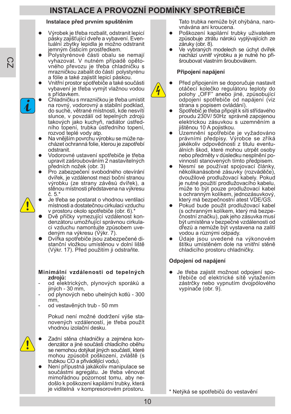 Instalace a provozní podmínky spotřebiče | AMICA KGC 15530 WG DE User Manual | Page 10 / 72