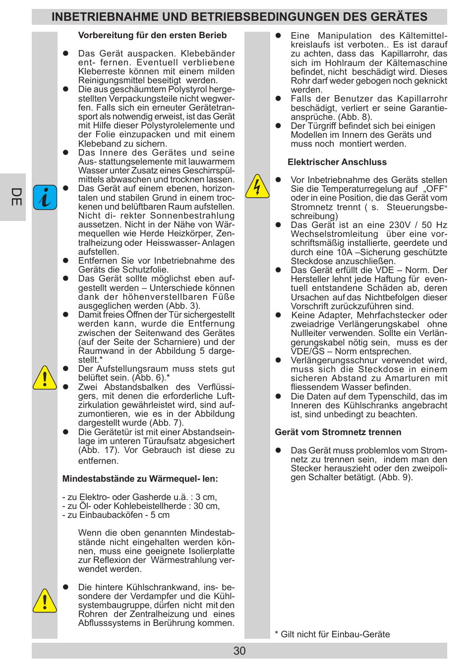 Inbetriebnahme und betriebsbedingungen des gerätes | AMICA KGC 15530 WG DE User Manual | Page 30 / 72