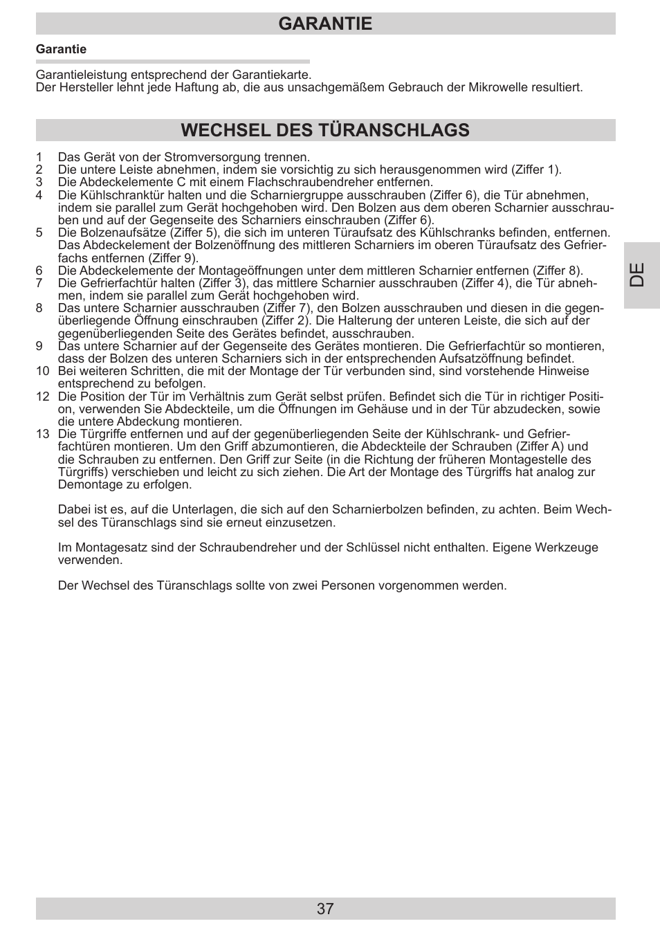 Garantie, Wechsel des türanschlags | AMICA KGC 15530 WG DE User Manual | Page 37 / 72