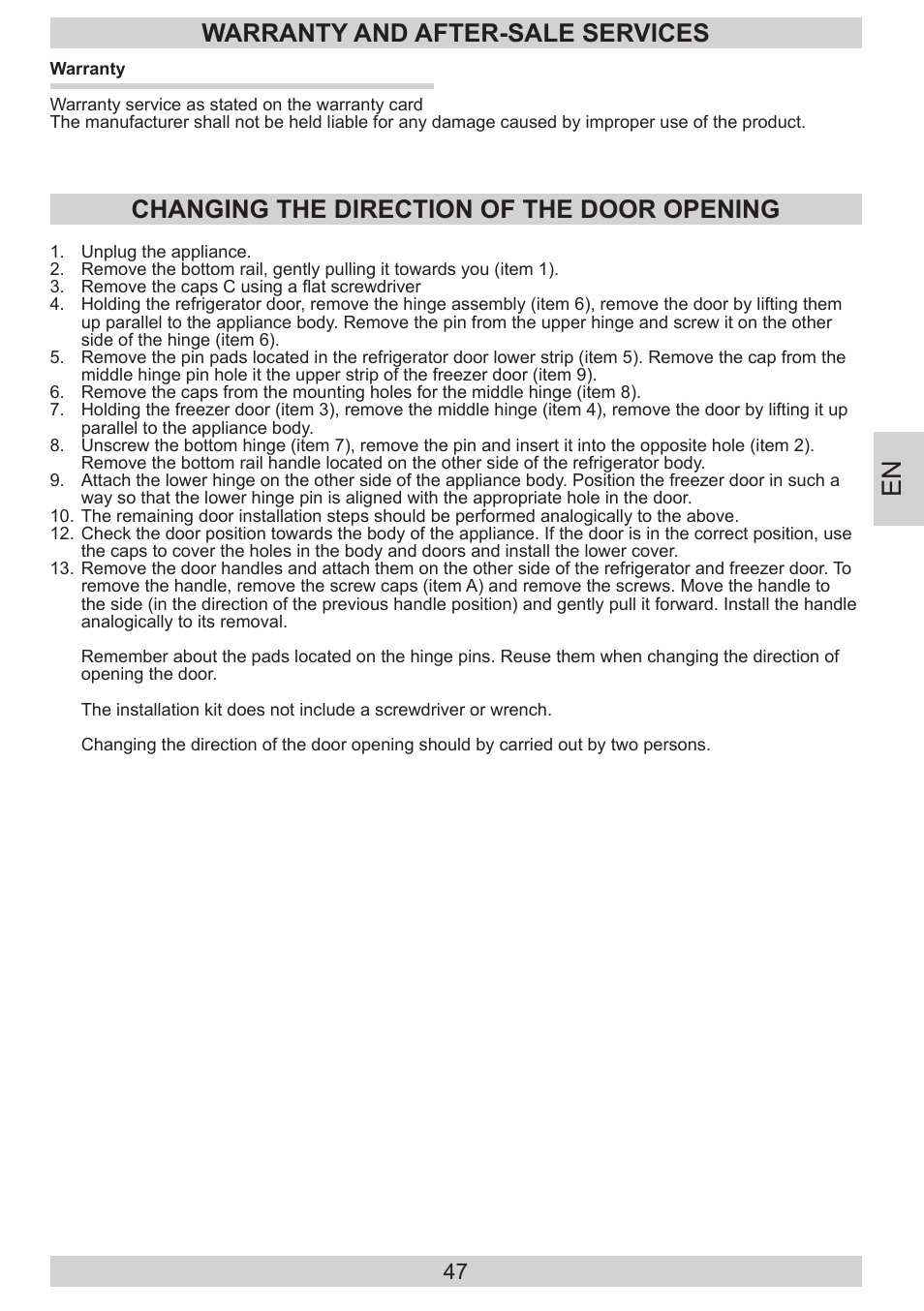 Warranty and after-sale services, Changing the direction of the door opening | AMICA KGC 15530 WG DE User Manual | Page 47 / 72